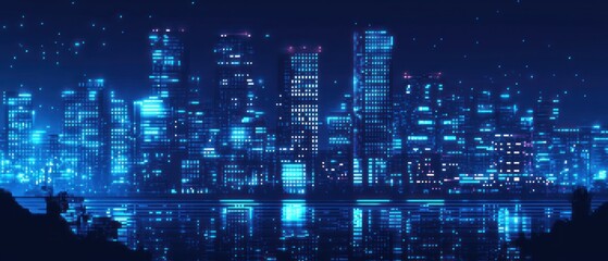 Obraz premium A vibrant, illuminated city skyline reflecting on water at night.
