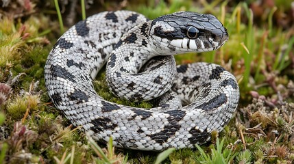 Obraz premium A close-up of a patterned snake resting on mossy ground.