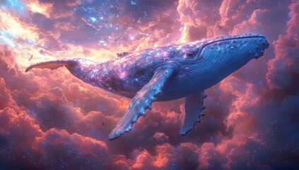 Naklejka premium Humpback Whale Soaring in Sky with Dreamy Clouds – Fantasy Art with Pink and Blue Hues in Hyper-Realistic Aesthetic