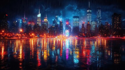 Obraz premium vibrant abstract cityscape at night, glowing skyscrapers reflect in a rain-soaked street, creating a dreamlike atmosphere with dazzling lights blending into the dark sky