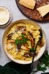 Risotto with wild porcini mushrooms.top veiw.style rustic