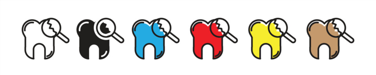 Tooth with magnifying glass.Black single teeth medical check line icon