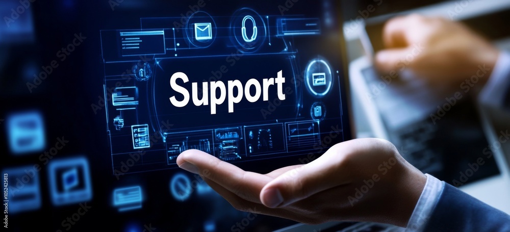 Poster conceptualizing customer support through advanced virtual technology platforms.