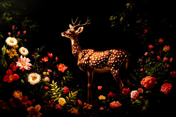 Fototapeta premium A beautiful spotted deer standing gracefully amidst a vibrant array of colorful flowers against a dark background, showcasing nature's harmony and elegance.