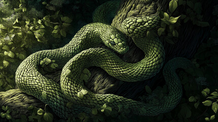 Fototapeta premium 2025 is the Year of the Green Wooden Snake. Intricately Carved Green Wooden Snake in Lush Forest – Detailed Scales and Realistic Wood Texture in Natural Leafy Surroundings with Playful Lighting Effect