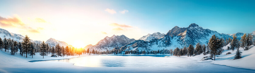 A stunning winter landscape featuring snow-covered mountains, a frozen lake, and a vibrant sunrise illuminating the serene environment.