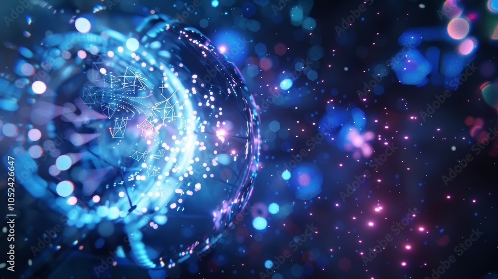 Poster complex network of interconnected nodes forming a global sphere, symbolizing global communication an