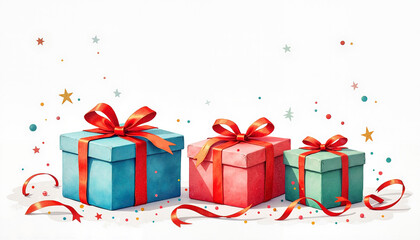 Watercolor presents with ribbons and stars on a white background for festive celebrations