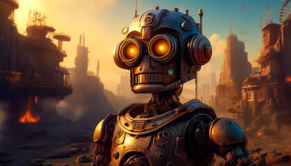 City landscape post apocalyptic steampunk and cyberpunk cartoon robot, futuristic apocalyptic cityscape