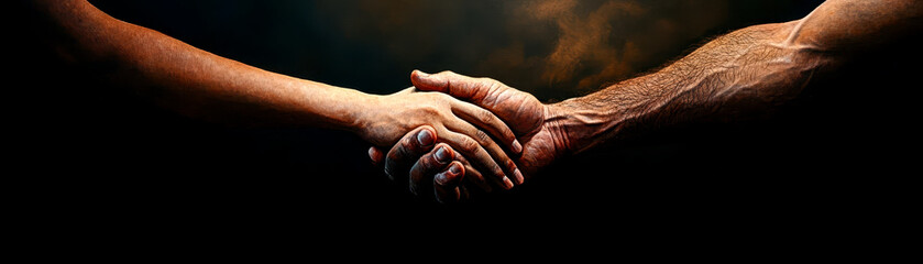 Fototapeta premium A close-up of two hands, one small and one larger, gently holding each other in a moment of connection and support. The background is dark, emphasizing the hands.