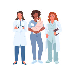 Young doctor with stethoscope, veterinarian with sick dog on hands and student in glasses, portrait of girls in medic uniform cartoon vector illustration. Female health care workers standing together