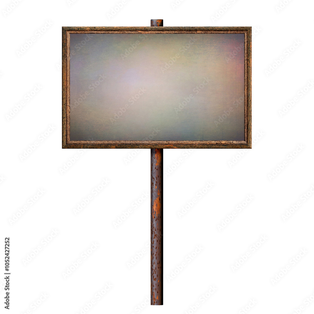 Poster wooden empty dirty sign on rusty pole. rectangular frame with empty painted abstract surface. signbo