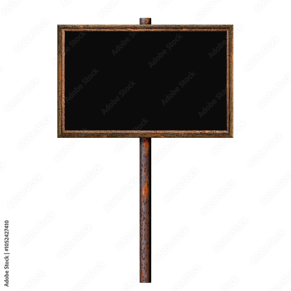 Poster wooden empty dirty sign on rusty pole. rectangular frame with blank black surface. signboard isolate
