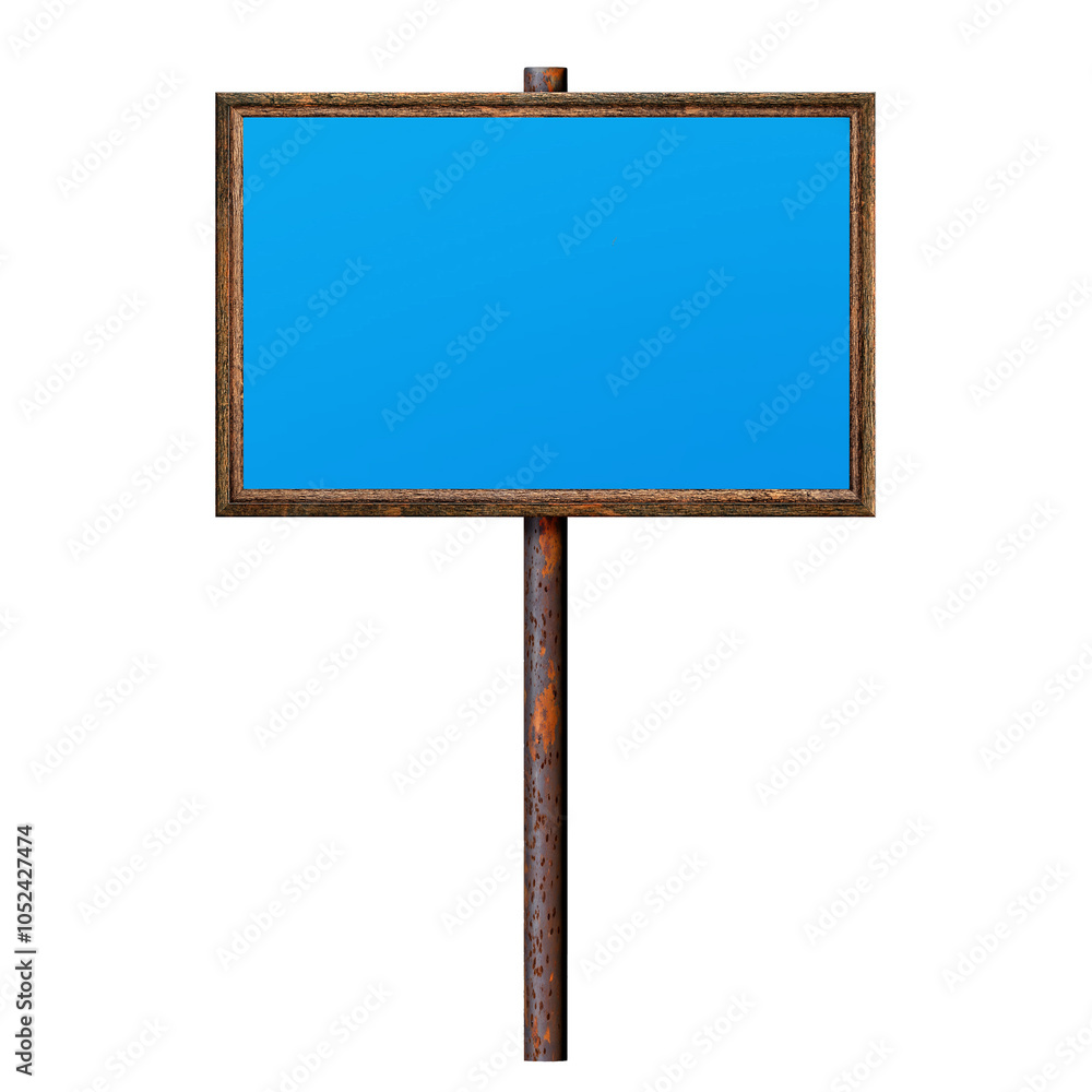 Poster wooden empty dirty sign on rusty pole. rectangular frame with empty blue surface. signboard isolated