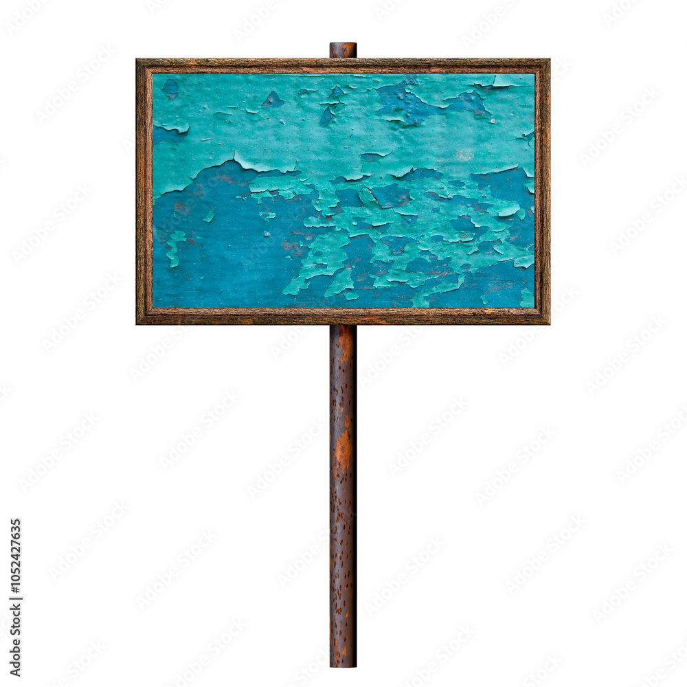 Poster wooden empty dirty sign on rusty pole. rectangular frame with empty cleaned blue surface. signboard 