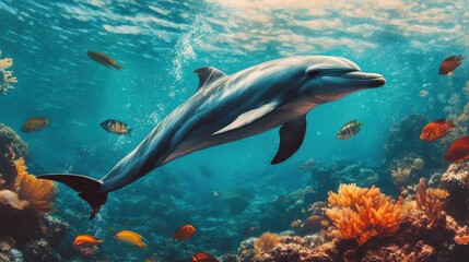 Obraz premium Playful Dolphins Swimming in Underwater Scene