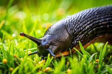 Macro Shot of Black Slug Feeding on Grass in Nature's Detail