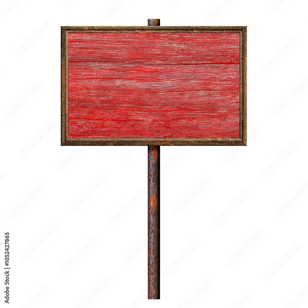 Poster wooden empty dirty sign on rusty pole. rectangular frame with empty red plank surface. signboard iso