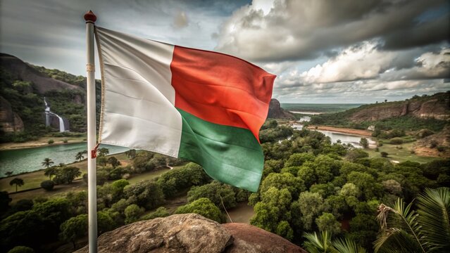 Madagascar Flag Waving in Majestic Landscape - Capture the Essence of Madagascar's Culture and Natural Beauty