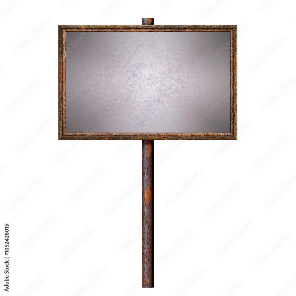 Poster wooden empty dirty sign hanging on rusty pole. rectangular frame with empty plastered tinted surface