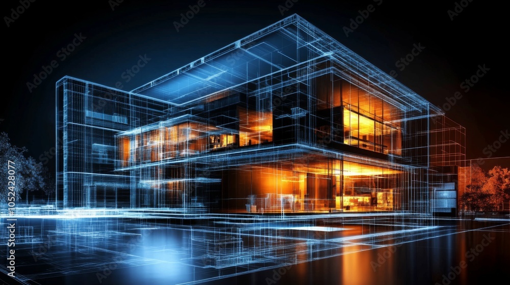 Poster wireframe design of a current building highlighted by nighttime lighting.