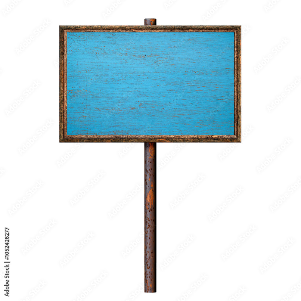 Poster wooden blank dirty sign hanging on rusty pole. rectangular frame with empty peeled blue surface. sig