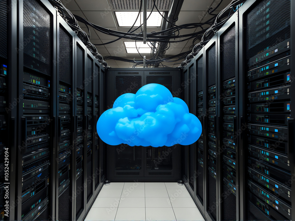 Poster cloud computing concept merging with server racks in a high-tech data center during daytime hours
