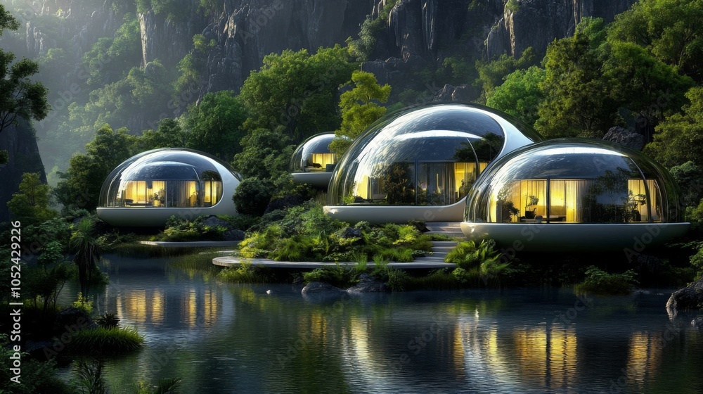 Poster futuristic architecture merges seamlessly with lush environments.