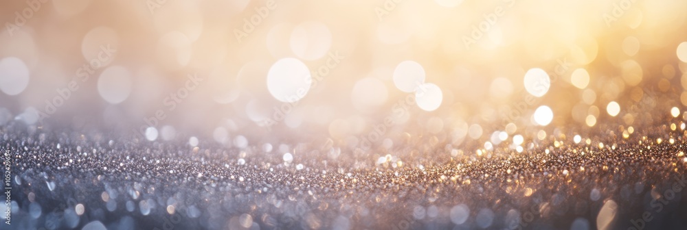 Poster golden christmas baubles and ribbon with glowing bokeh and snowfall effect. ideal for christmas and 