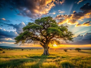 Fototapeta premium Majestic Old Tree in a Serene Field - High Dynamic Range Landscape Photography