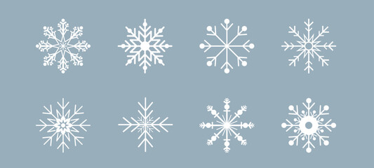 Snowflakes vector set. Icons of snowflakes. Winter design elements. Snow symbol. White snowflakes isolated on transparent background.