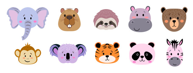 Fototapeta premium Set of cute simple animal heads - capybara, bear, monkey, zebra, sloth, koala, elephant, tiger, hippo, panda. Cartoon portrait set flat design. Vector illustration isolated