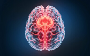A detailed illustration of the human brain with a glowing red center.