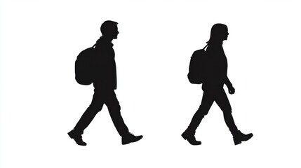 One figure carries a backpack while walking alongside another.