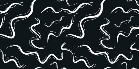 Seamless pattern abstract texture with wavy lines. Monochrome striped black and white strokes texture. Print for textiles, wallpaper, paper.