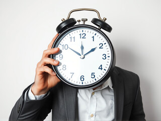 Man holds an oversized clock in front of his face in a suit to symbolize the importance of time management in a modern setting
