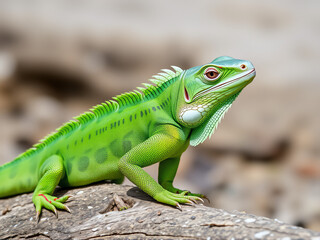 Fototapeta premium Green iguana resting on a log in a sunny habitat alongside a river in the wild