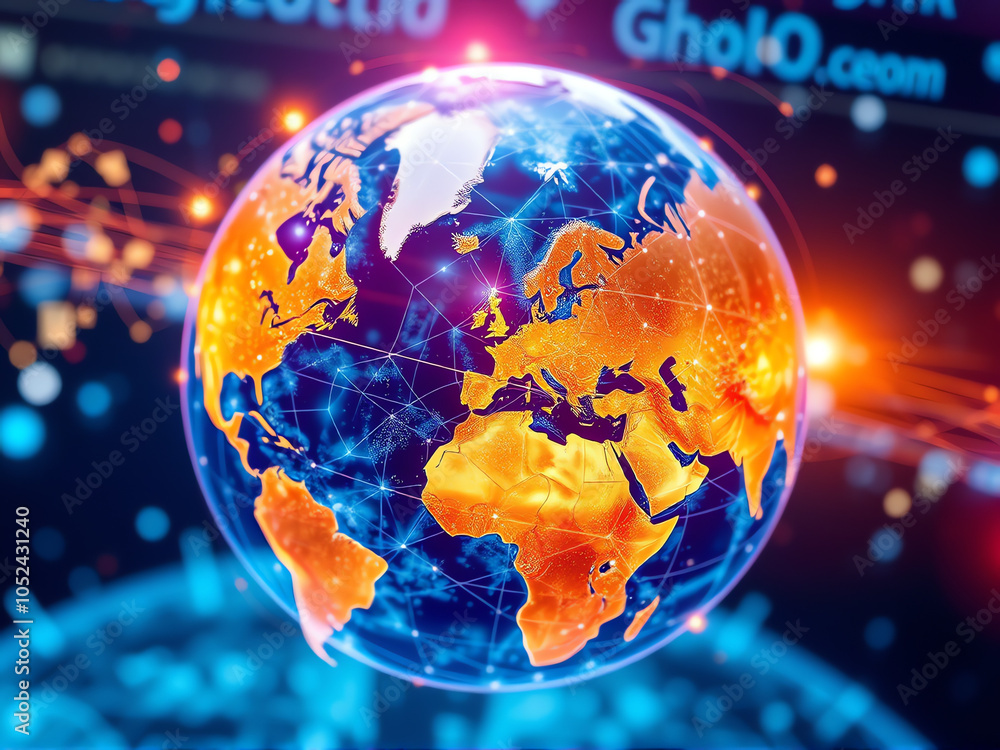 Poster global network of connections illustrating interconnectivity between continents on a digital globe a