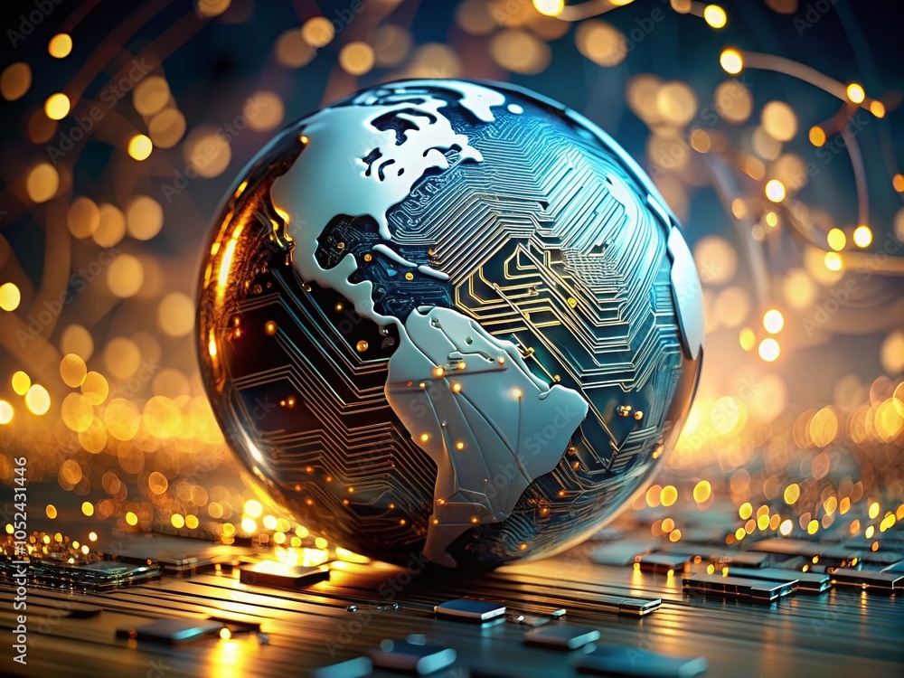 Poster metal earth globe with abstract circuit board bokeh effect - innovation and creativity in 3d render