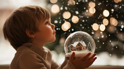 Naklejka premium Portrait of Child by Christmas Tree with Snow Globe