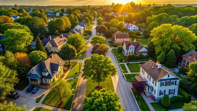 Midwestern Neighborhood in Lemont, Illinois - Summer Serenity with Old Homes and Lush Green Trees