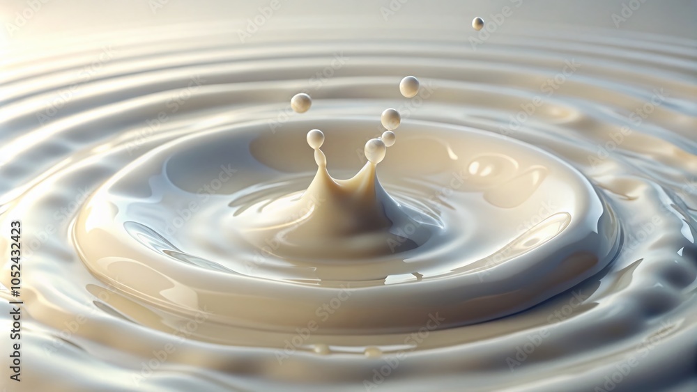 Poster milk ripple waves and creamy droplets creating circular patterns on surface