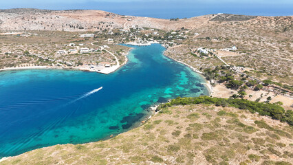 Aerial drone photo of paradise island with crystal clear turquoise beaches and main seaside town of...