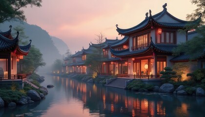 Obraz premium This painting depicts a Chinese-style building at dusk, with a river in front, surrounded by fog, trees, and rocks. Perfect for showcasing beautiful scenery in art collections and cultural present