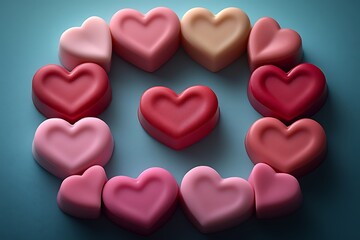 Circle of pink and red hearts on a blue background