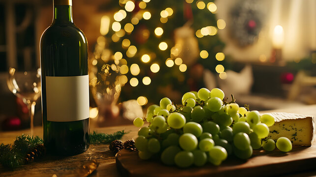 una botella de vino con uvas y un trozo de queso sobre una mesa decorada con luces para celebrar 