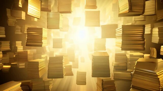 Floating books with glowing pages in an endless void
