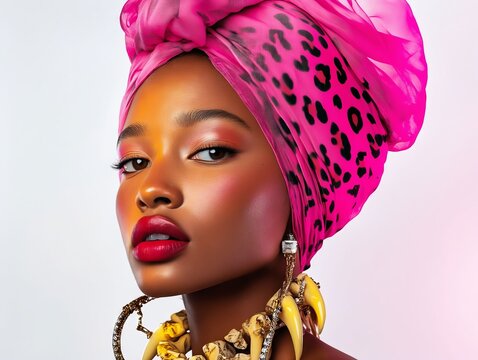 A woman wearing a pink headscarf and a leopard print scarf