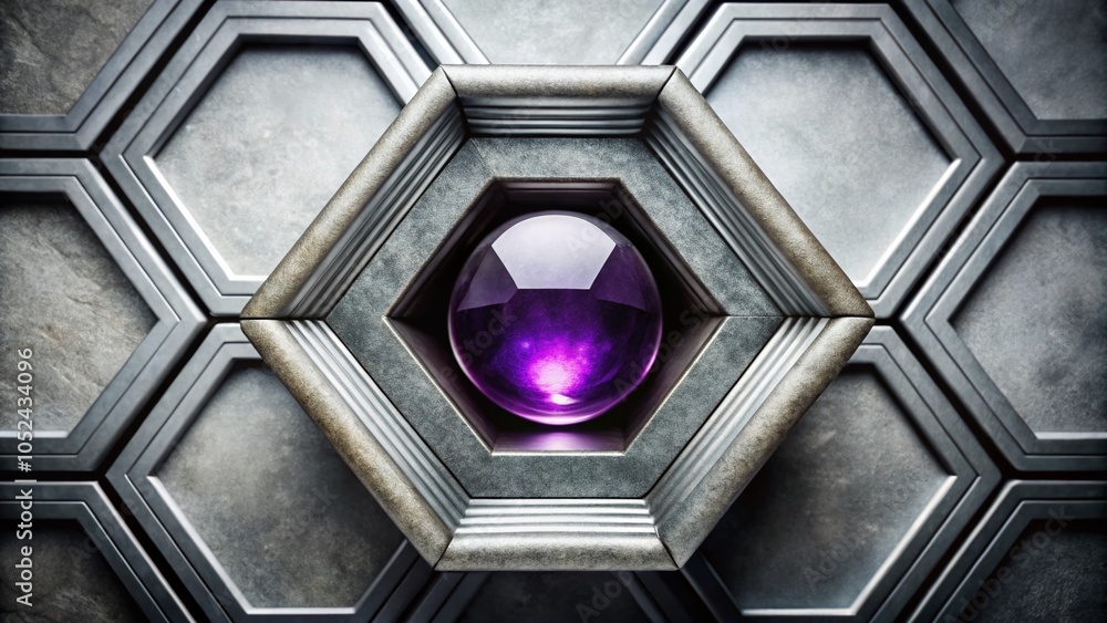 Poster minimalist dark blue hexagonal backdrop with radiant amethyst center | 3d rendering