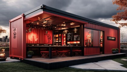 Contemporary restaurant concept featuring a unique shipping container structure with an Asian theme.